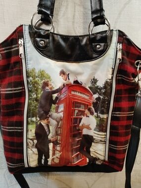 1D Red Plaid Crossbody Bag with Printed Phone Booth Panel " Take Me Home"